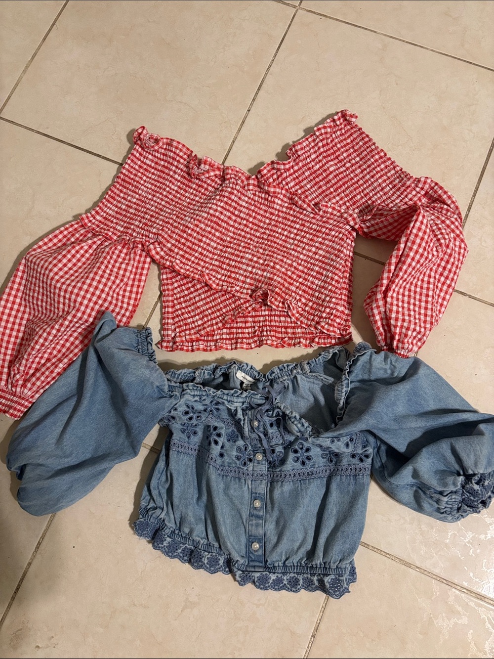Zara Red Gingham Off-Shoulder Top and denim Top